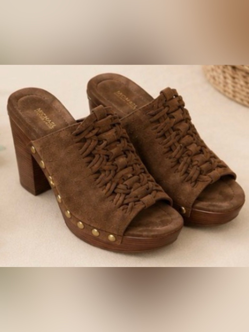 Michael Kors Brown Suede Braided Clog Mules